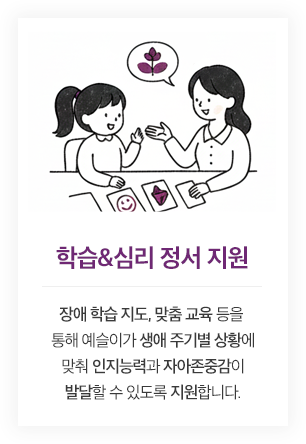 학습&심리 정서 지원 - 장애 학습 지도, 맞춤 교육 등을 통해 예슬이가 생애 주기별 상황에 맞춰 인지능력과 자아존중감이 발달할 수 있도록 지원합니다.